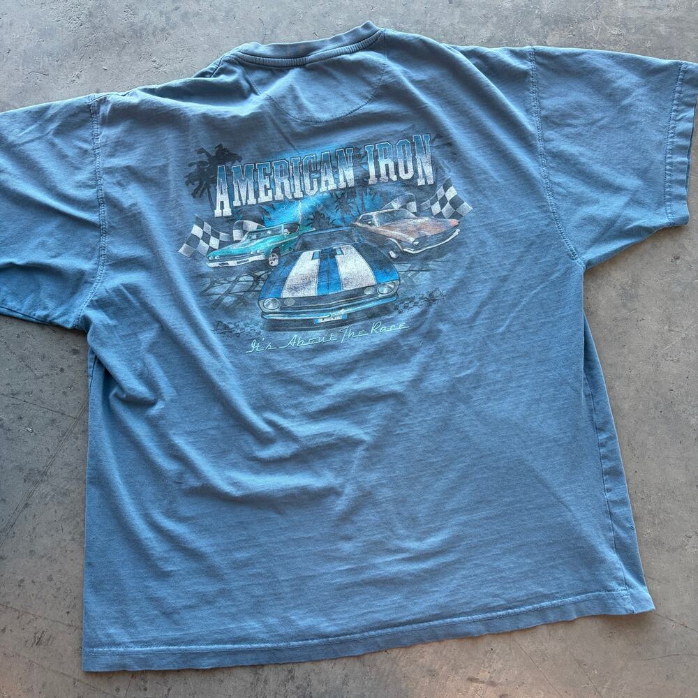 Vintage Y2k American Iron Muscle Car Newport Blue Beach Surf Graphic Tee XXL